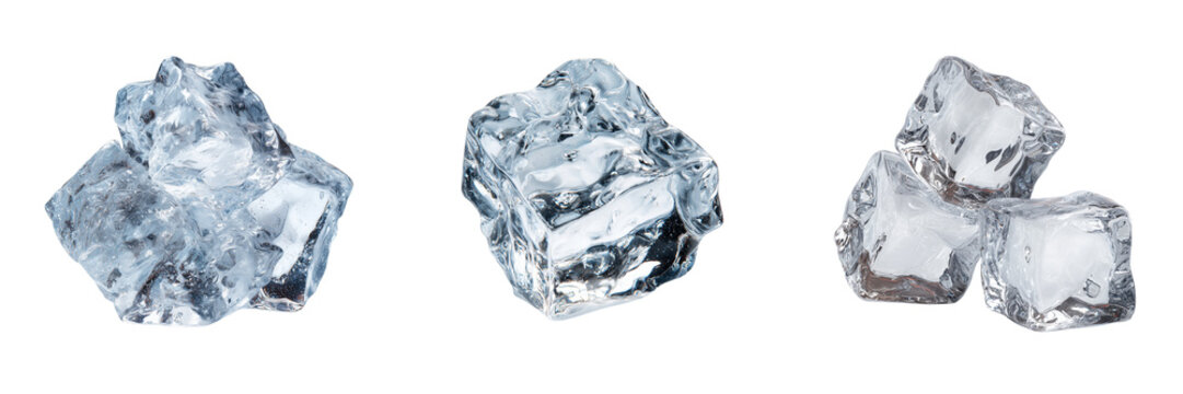 Set of Transparent ice cube with realistic refraction and light dispersion on transparent png background. Ai generated
