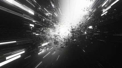 Abstract digital tunnel showing a stream of rapidly flowing data fragments and glowing network connections, creating a dynamic technology background representing virtual reality and information flow