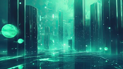 Modern cityscape morphing into a glowing digital metropolis with neon green networks, energy flows and interconnected structures symbolizing ai, data, blockchain and virtual reality