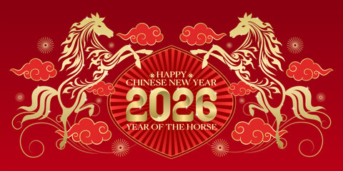 Golden horse illustration for 2026 chinese new year celebration on red background symbolizing strength and prosperity, vector eps