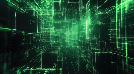 Abstract grid pattern forming an intricate tunnel of glowing green lines, representing data streams and interconnected networks within a technological environment