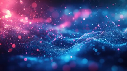 Obraz premium Digital particles forming flowing abstract waves creating a dynamic and immersive cyberpunk background with vibrant blue and pink bokeh effects, illustrating technology and data concepts