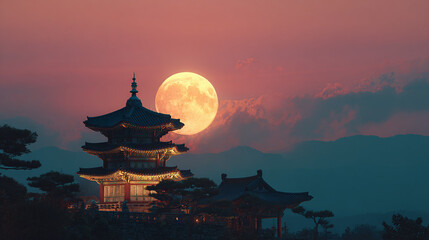 Obraz premium A scenic view of a temple at sunset with a large moon in the background, a beautiful landscape