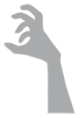 Silhouette of zombie hand rising from grave, crooked fingers, gray color, shadow effect.