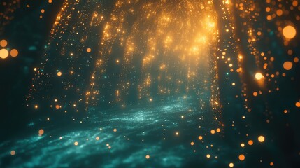 Abstract particle composition depicts digital data flow and technological connection, forming an ethereal backdrop of sparkling light streaks and glowing bokeh