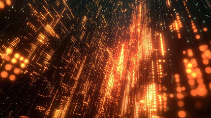 Glowing orange binary and data points flow across an abstract circuit board pattern, evoking ai, big data processing, advanced connectivity and futuristic digital networks