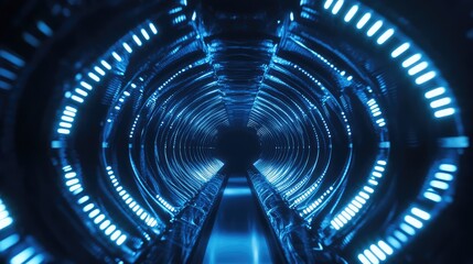 Abstract tunnel featuring illuminated patterns and a dark vanishing point, creating a conceptual pathway for technology, speed, and digital connectivity in a modern, innovative environment