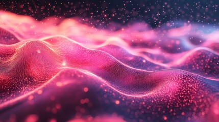 Digital particles undulate in vibrant pink and purple waves, creating an abstract representation of data flowing through a complex network and technological connections