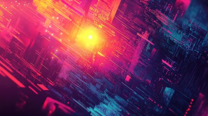 Abstract digital landscape showing vibrant colorful shapes and lines representing data streams and a futuristic cityscape with an intense central light source