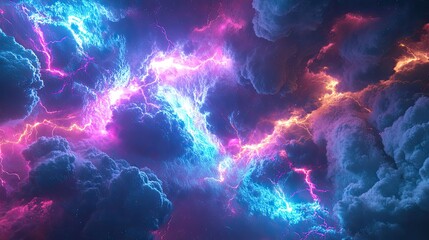 Energetic bolts of blue, pink, and orange lightning illuminate dynamic clouds, creating an abstract and powerful display of electrical energy and intense light