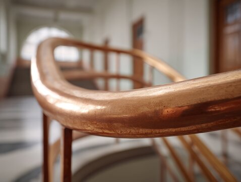 Elegant Staircase Featuring a Copper Handrail in a Light Wood Design within an Urban Hall Perspective