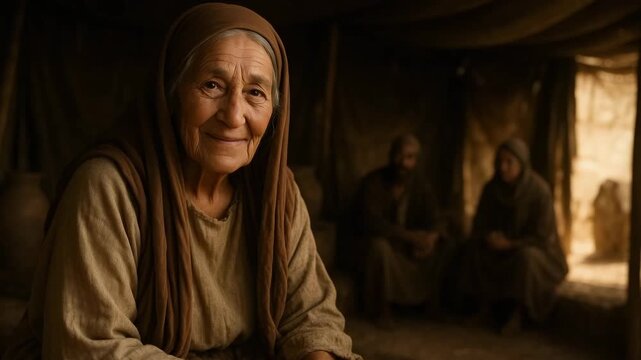 A portrait of an elderly biblical woman with a kind smile. Close-up of a wise, ancient character in a historical setting. Faith and grace concept