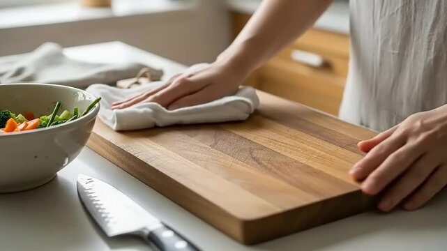 Closeup of hands cleaning a wooden cutting board in a kitchen.