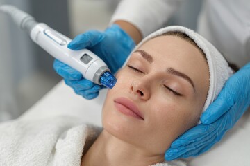 Naklejka premium Expert Beautician Performing Hydrafacial Treatment for Young Visitor at Beauty Parlour, Showcasing Rejuvenation and Relaxation Through Advanced Skincare Device