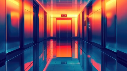 Futuristic building interior with sleek elevator doors, glossy reflective surfaces and a vibrant warm orange to cool blue gradient, creating a high tech, symmetrical corridor ambiance