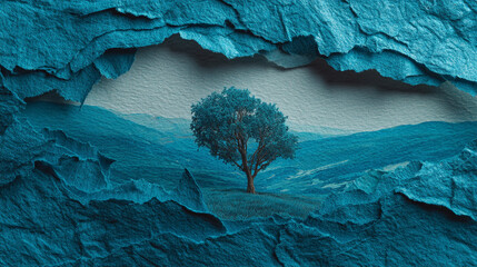 Azure Sanctuary: A Lone Tree Revealed Through Torn Stone