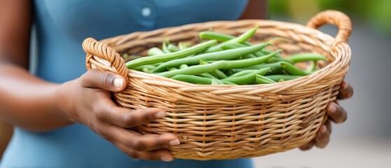 Obraz premium Hands carefully harvesting green beans while wearing a blue dress in a vibrant vegetable garden on a warm day in the countryside