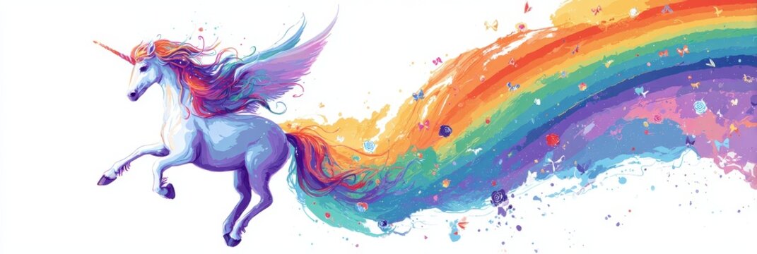 Flying Unicorn Pony in a Rainbow Sky: A Whimsical Scene for Children