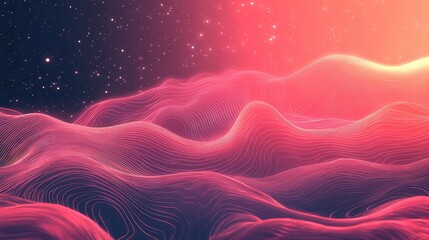 Abstract digital landscape showing organic undulating waves and glowing lines, creating an artistic representation of data flow or sound visualization under a starlit, vibrant gradient sky