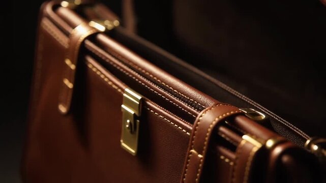 Close-up of Open Brown Leather Briefcase Interior with Pockets