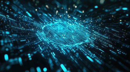 Digital circuit board represents a futuristic artificial intelligence core processing vast amounts of data, showcasing advanced computing, global network connections, and technological innovation