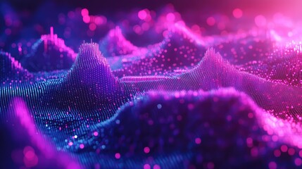 Futuristic blue and pink digital landscape of glowing particles forming undulating waves, visualizing data flows, network connections, ai and cyberspace concepts in motion