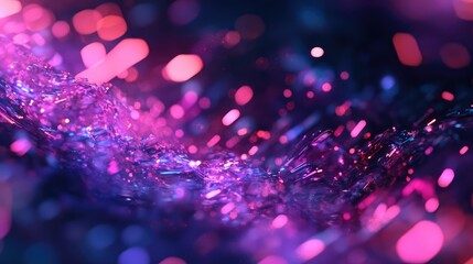 Bright purple and pink glowing particles and flowing light trails form a dynamic wavy pattern on a dark background, evoking data streams, energy, communication, and digital motion
