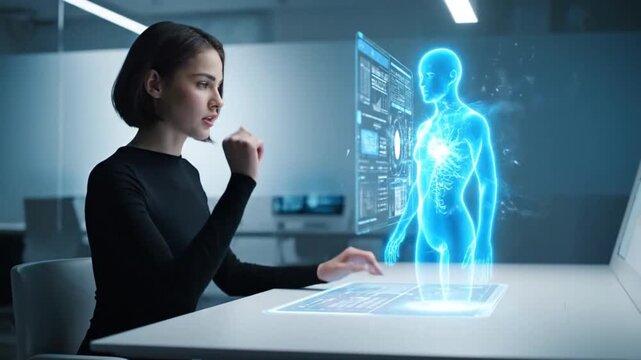 Woman interacts with holographic human body, medical interface in future clinic