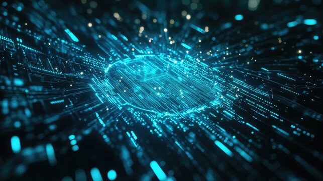 Digital circuit board represents a futuristic artificial intelligence core processing vast amounts of data, showcasing advanced computing, global network connections, and technological innovation - Powered by Adobe