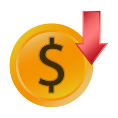 Obraz premium Dollar coin decline. Downward arrow concept. Financial loss symbol. Vector money illustration.