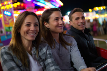 Fototapeta premium Three smiling friends enjoy a thrilling ride on a colorful Ferris wheel, celebrating joy and togetherness in a vibrant carnival atmosphere at night.