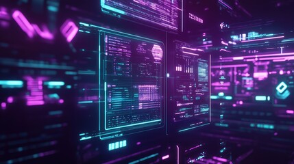 Abstract digital scene visualizing information technology, displaying interactive data analysis, coding, and network communication in a futuristic cyberspace environment