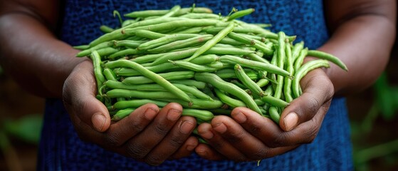 Hands of a woman in rural Kenya holding freshly picked green beans in a vibrant garden setting under natural light
