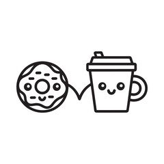 Charming cartoon illustration of a donut and a coffee cup with faces
