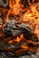 Burning accounting documents turning into ash and flames