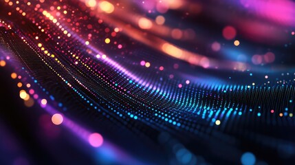 Abstract background creating a dynamic visual experience, featuring glowing particles forming undulating waves of vibrant blue, purple, and orange light representing interconnectedness and data flow