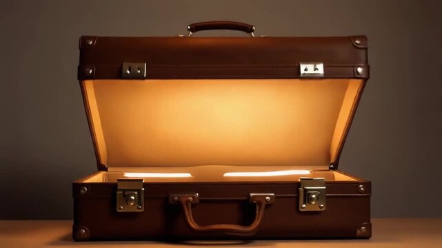 Classic Brown Leather Briefcase with Brass Clasps on Wooden Surface