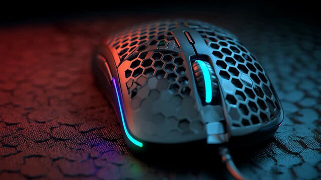 Ultra HD Closeup of a modern honeycomb shell gaming mouse with vibrant rgb lighting on a textured dark surface, dramatic lowkey lighting video