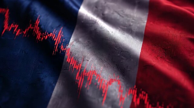 france economic crisis. french flag with red declining market chart graph symbolizing national state dept and social economic crisis
