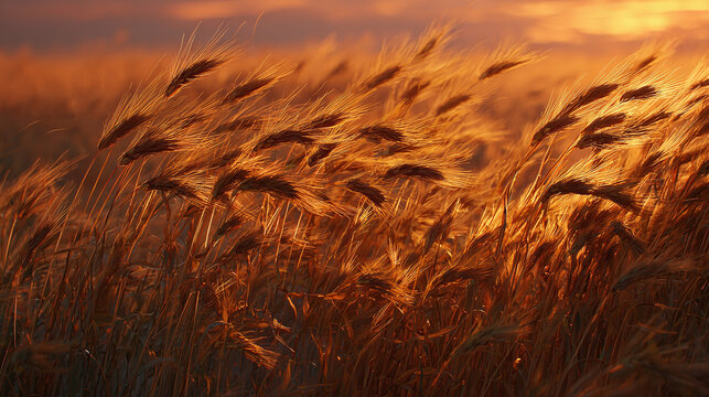 Golden wheat field under a radiant sunset, the grains blowing in the wind