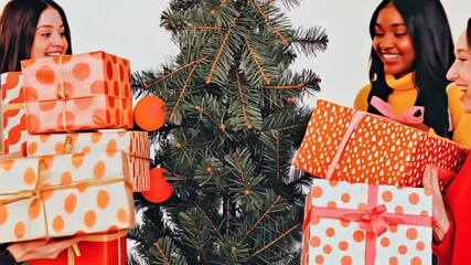 Festive hands holding colorful wrapped gifts around Christmas tree