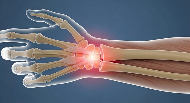 Anatomical Illustration Showing Human Wrist Joint Pain With Radius Ulna Carpal Bones Metacarpals Phalanges Skeletal System Ligaments Muscles Medical Condition Injury Disease