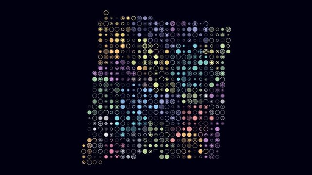 New Mexico animated shape. Pulsating colored dots on the map of the state. Large size circle blocks. Digital style New Mexico map on dark background. Abstract animation video.