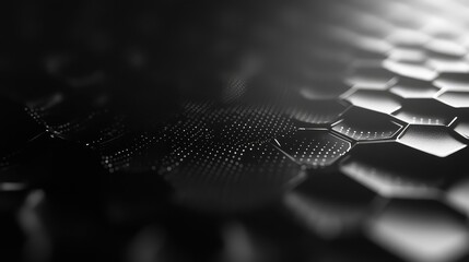 Illuminated hexagonal grid and glowing digital dots on a dark background, evoking data networks, ai processing, blockchain concepts and futuristic high tech connectivity visualization