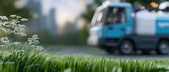 Humanoid-like blue tractor with a sprayer working on a green grass field during spring with farmland in the background