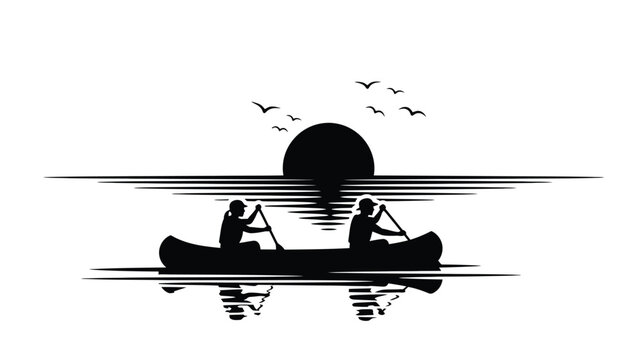 Scenic lakeside fishing with two silhouetted figures on transparent background