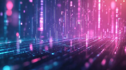 Abstract background showing glowing digital particles forming interconnected networks, representing big data flow, cybersecurity, and technological information processing