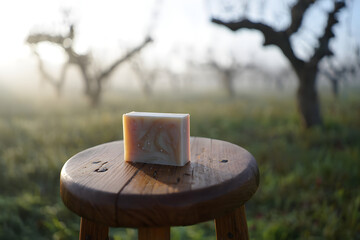 Natural handmade soap bar sitting on a wooden stool in a misty morning orchard