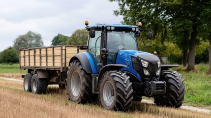 Obraz premium Vibrant blue tractor with trailer working in a sunny field during harvest season on a farm