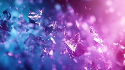 Abstract purple blue shards explode and scatter through vibrant neon gradients, glowing and reflecting like futuristic data particles, suggesting energy, motion, and innovation